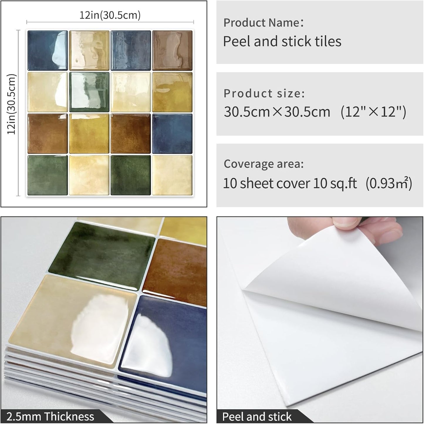 Thick Kitchen Peel and Stick Backsplash Tiles Square Self Adhesive Wall Tile Colorful (10-Sheet,12"x12")