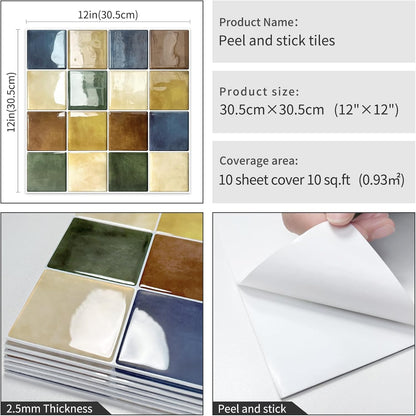 Thick Kitchen Peel and Stick Backsplash Tiles Square Self Adhesive Wall Tile Colorful (10-Sheet,12"x12")