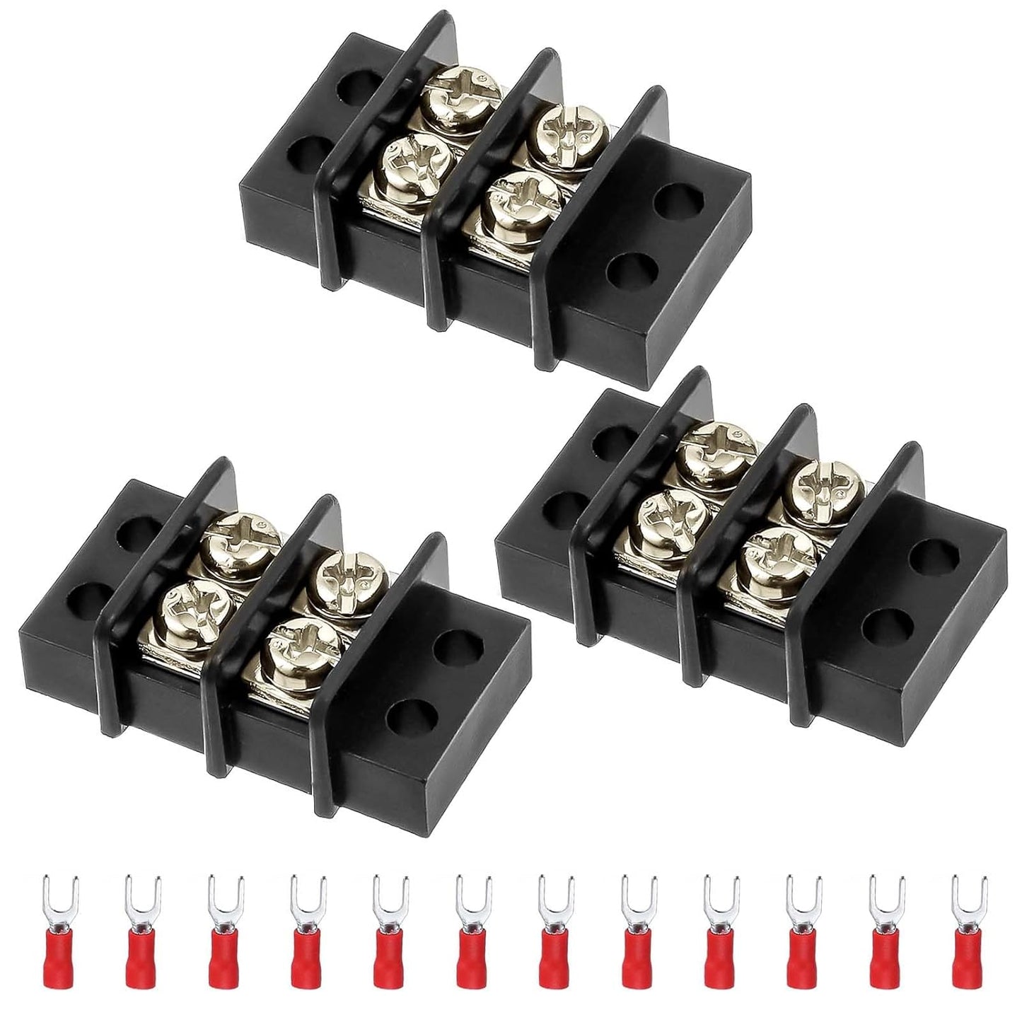 3sets 10 Position Terminal Strips， Dual Screw Terminals Block Strip with 16-14AWG Insulated Fork Wire Connectors for Electrical Wiring
