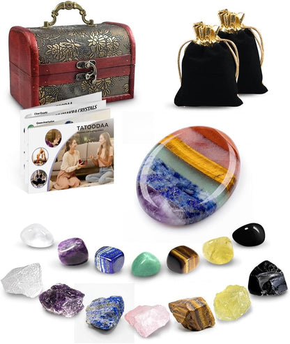 Crystals and Healing Stones, 9 Pcs Healing Crystals Set, 7 Chakra Crystal Stones Set Real Natural Selenite Pyramid Reiki Raw Rock Energy Protection Meditation with Wooden Box, Crystal Gifts for Women