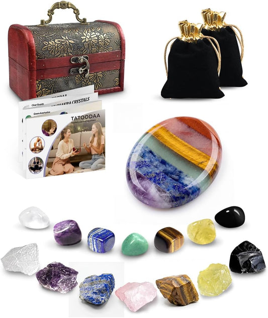 Crystals and Healing Stones, 9 Pcs Healing Crystals Set, 7 Chakra Crystal Stones Set Real Natural Selenite Pyramid Reiki Raw Rock Energy Protection Meditation with Wooden Box, Crystal Gifts for Women