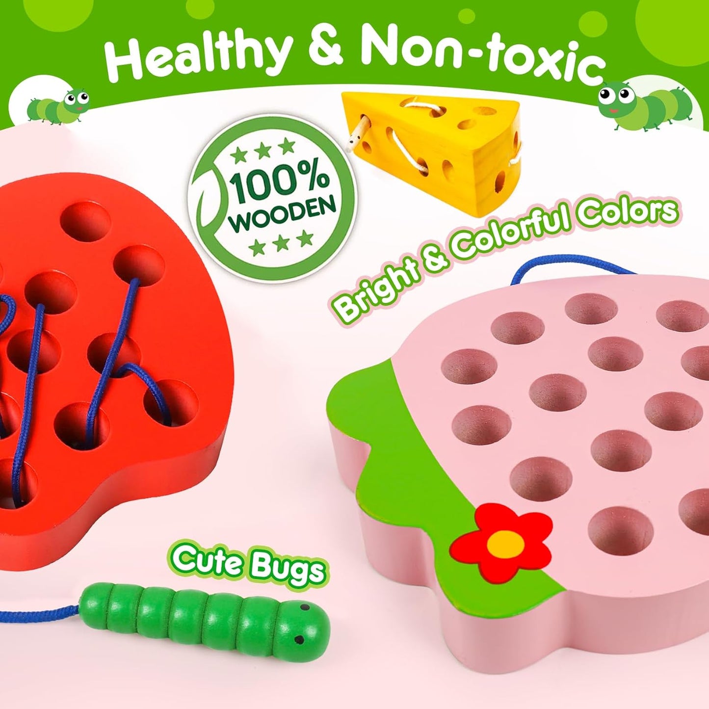 Lacing Toys for Toddlers,Wooden Threading Apple Baby Travel Toys,Montessori Education Sensory Learning Fine Motor Skills, Wooden Block Puzzle Gifts for 3 Year Old Baby Kids Boys Girls