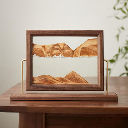 Solid Wood Oasis Mini Art Liquid Motion 360-Degree Rotation, Made of Black Walnut and H62 Brass, 3D Highly Transparent Office Decor (Desert)