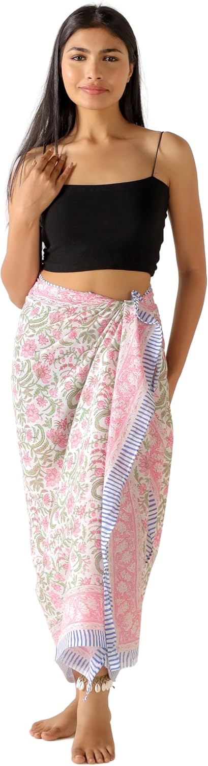100% Cotton Sarong Cover Up for Women Indian Block Print Beach Wrap Skirt Long Boho Swimsuit Bikini Pareo (73” x 43”)