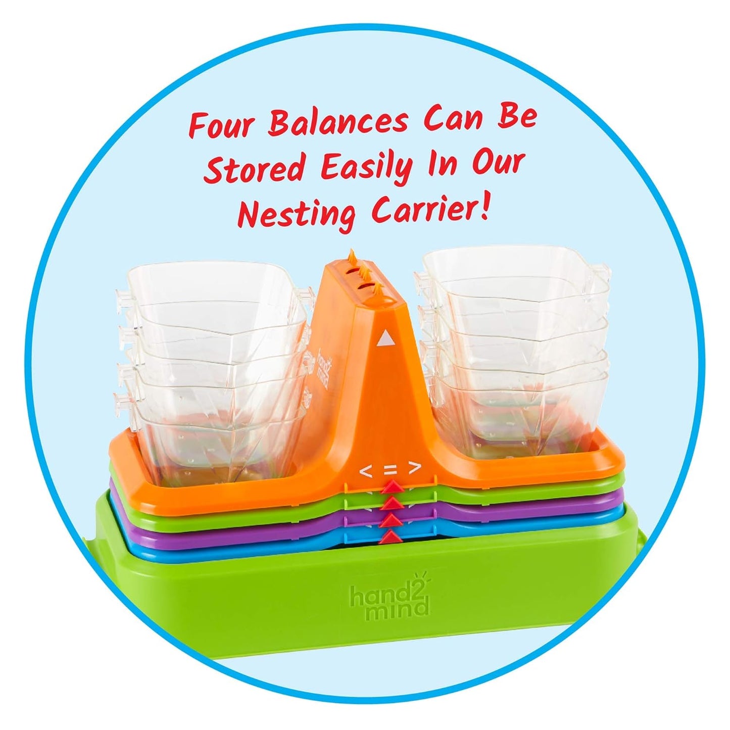 hand2mind Colorful Nestable Bucket Balance, Clear Double Bucket Balance Scale for Liquids and Solids, Easy to Assemble Kids Scale, Space Saving Storage Base, Balance Scale for Classroom (Set of 4)