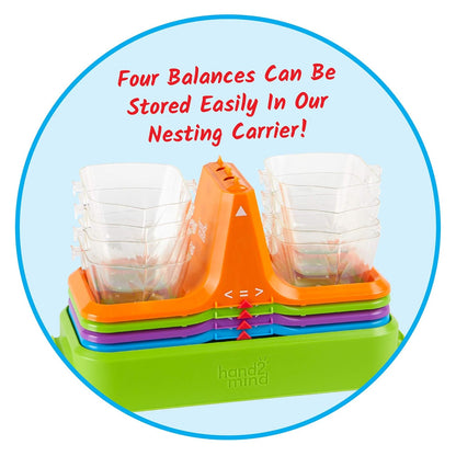 hand2mind Colorful Nestable Bucket Balance, Clear Double Bucket Balance Scale for Liquids and Solids, Easy to Assemble Kids Scale, Space Saving Storage Base, Balance Scale for Classroom (Set of 4)