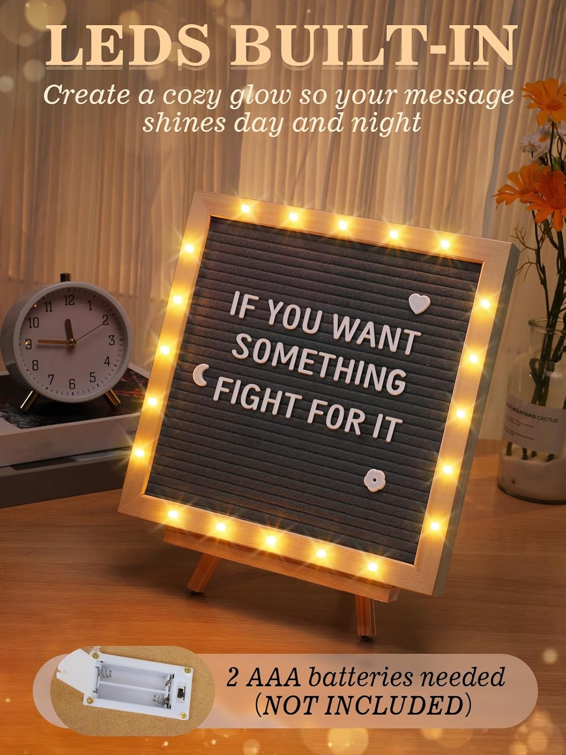 Changeable Felt Letter Board with LED Lights - 10×10" Message Custom Signs & Wood Stand & 450 Letters, Poster Board for Baby/Pregnancy Announcement/Classroom Wall Graduation Decor Gifts, Camel