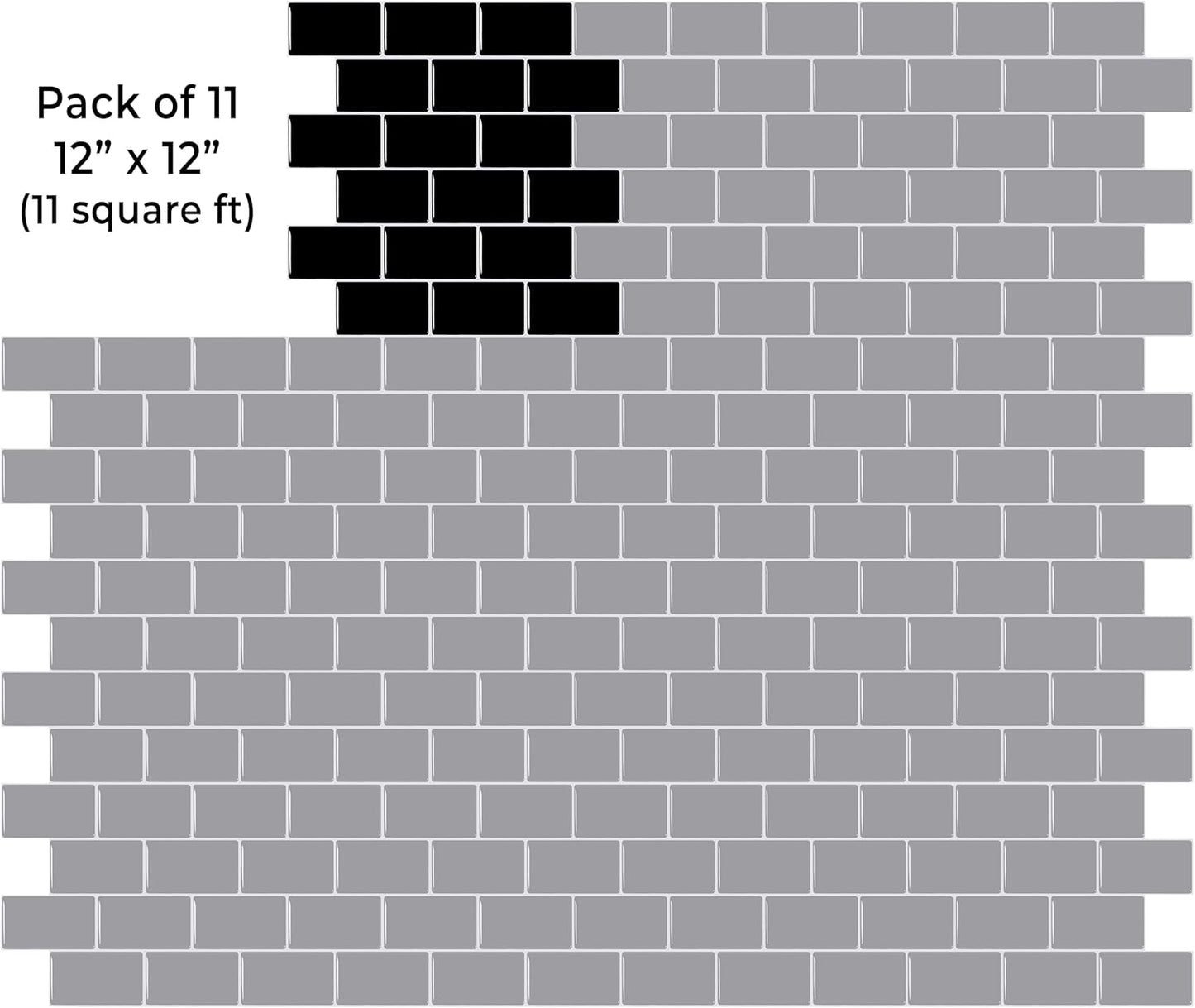 VViViD 11 Sheets Peel and Stick Grey Gloss Faux Ceramic Brick Wall Tiles, Self Adhesive Backsplash 12”x12”, 2mm Thick Kitchen, Bathroom (11 sq. ft.)