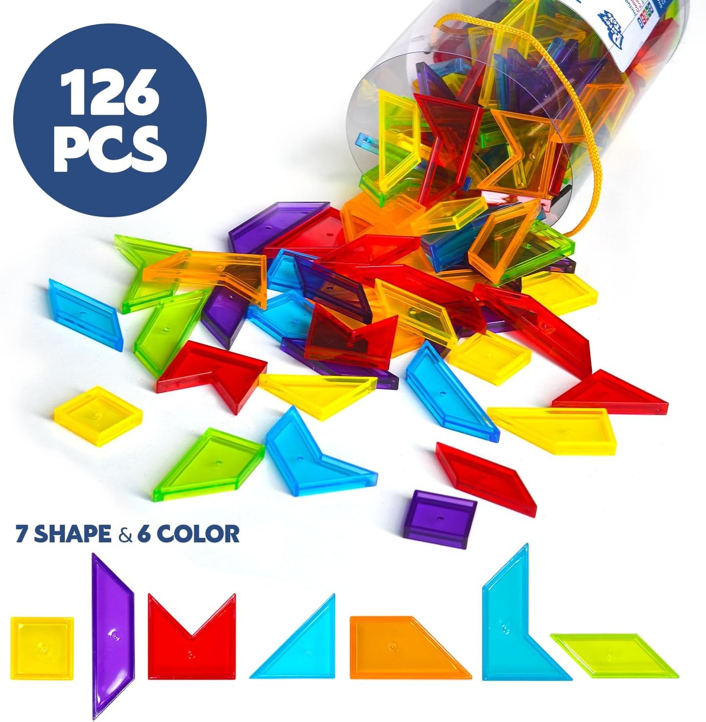 Pairez Toys Transparent Pattern Blocks, 126 Pcs Geometric Shapes Blocks, Tangram Puzzles, Practice Sorting Counting Patterning, Math Manipulatives for Kids, Back to School Supplies, Teacher Supplies
