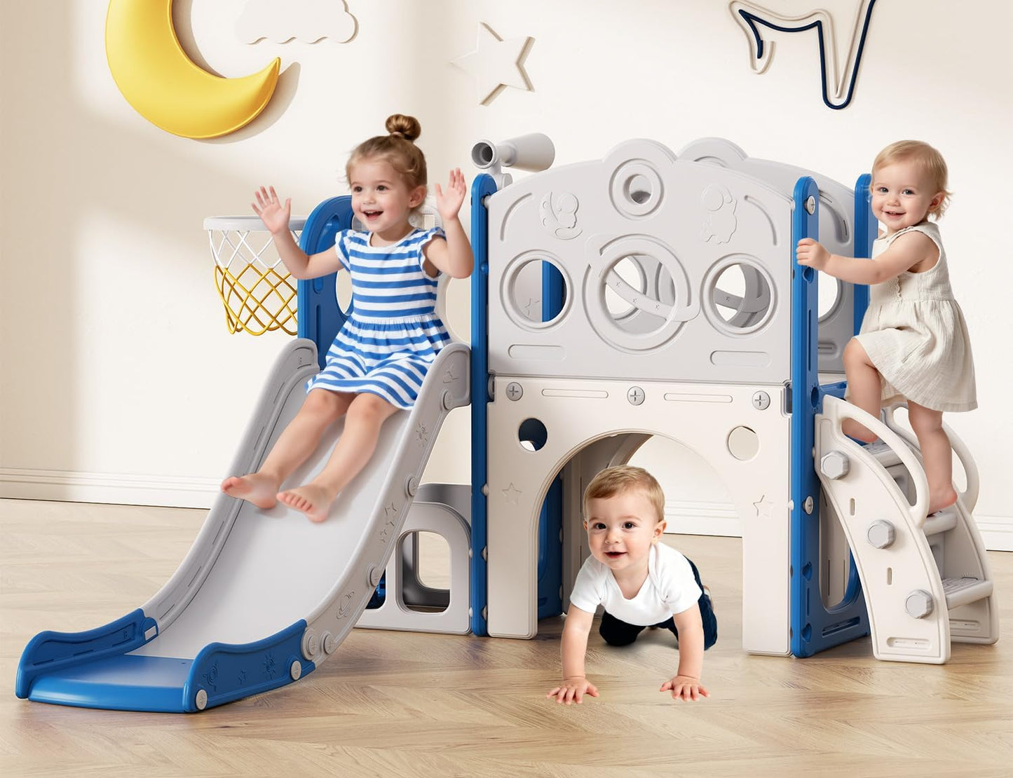 Babytronic Toddler Slide, 8 in 1 Kids Slide with Basketball Hoop, Telescope and Climber, Baby Slide Toddler Playground, Indoor Outdoor Playset for Toddlers Age 1-3, Kids Indoor Playground (White&Gray)