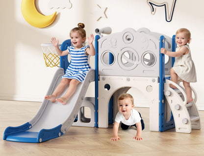Babytronic Toddler Slide, 8 in 1 Kids Slide with Basketball Hoop, Telescope and Climber, Baby Slide Toddler Playground, Indoor Outdoor Playset for Toddlers Age 1-3, Kids Indoor Playground (White&Gray)