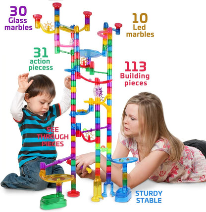Meland Marble Run - 132Pcs Marble Maze Game Building Toy for Kid, Marble Track Race Set & STEM Learning Toys for Boy Girl Age 3 4 5 6 7 8 9+ (102 Translucent Marbulous Pcs & 30 Glass Marbles)