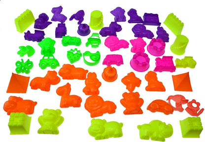 50 Ps Deluxe Sand Molds Tools Set, Sandbox Toddlers Toys, Beach Sand Castle Building, Indoor Outdoor Sensory Kids Play - Safari Animals, Mini Castles, Geometric Shapes Compatible with Any Molding