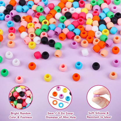 300 Small Silicone Hair Beads for Girls Kids Women, 7*5mm Colorful Soft Mini Silicone Beads for Bracelet, Hair Braids, DIY Crafts, Plastic Quick Beader for Hair Braid, 50 Elastic Rubber Bands