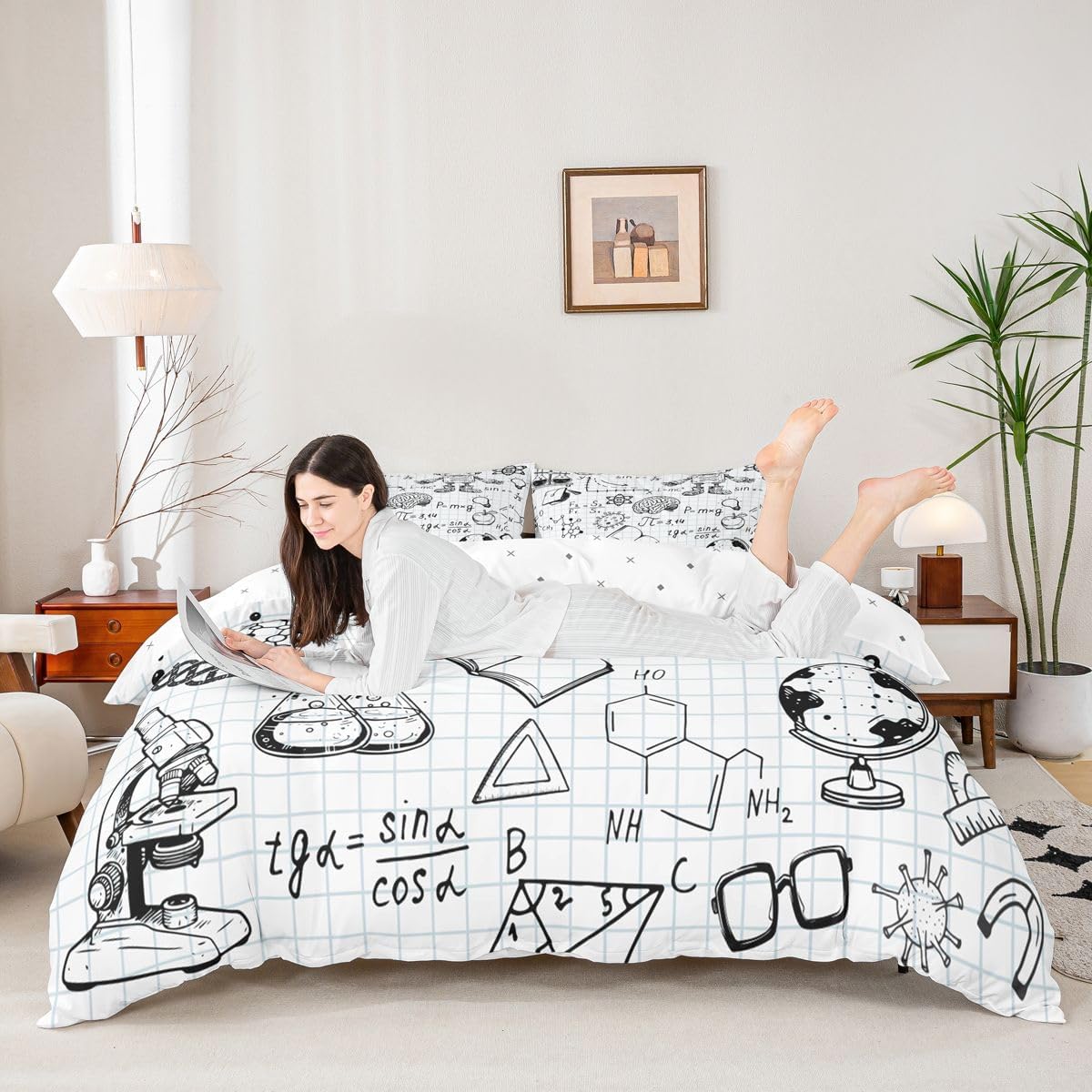 Feelyou Cute Robot Bedding Set for Girls Boys Children Math Chemistry Subject Comforter Cover Black White Grid Plaid Duvet Cover Room Decor Physical Formula Bedspread Cover Full Size 3Pcs