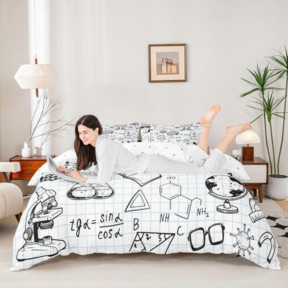 Feelyou Cute Robot Bedding Set for Girls Boys Children Math Chemistry Subject Comforter Cover Black White Grid Plaid Duvet Cover Room Decor Physical Formula Bedspread Cover Full Size 3Pcs