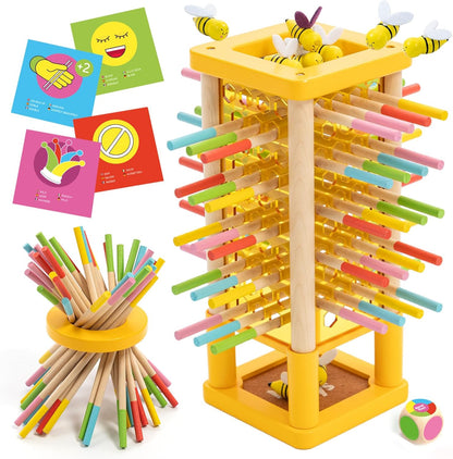 Nene Toys BeeFall Jumbo, 4-in-1 Wooden Honey Bee Toy for Kids Ages 3-9 - Educational Game with Wooden Honeybee Hive, 12 Bees, Colorful Sticks, Dice & Cards - Fun Family Game for Cognitive Development