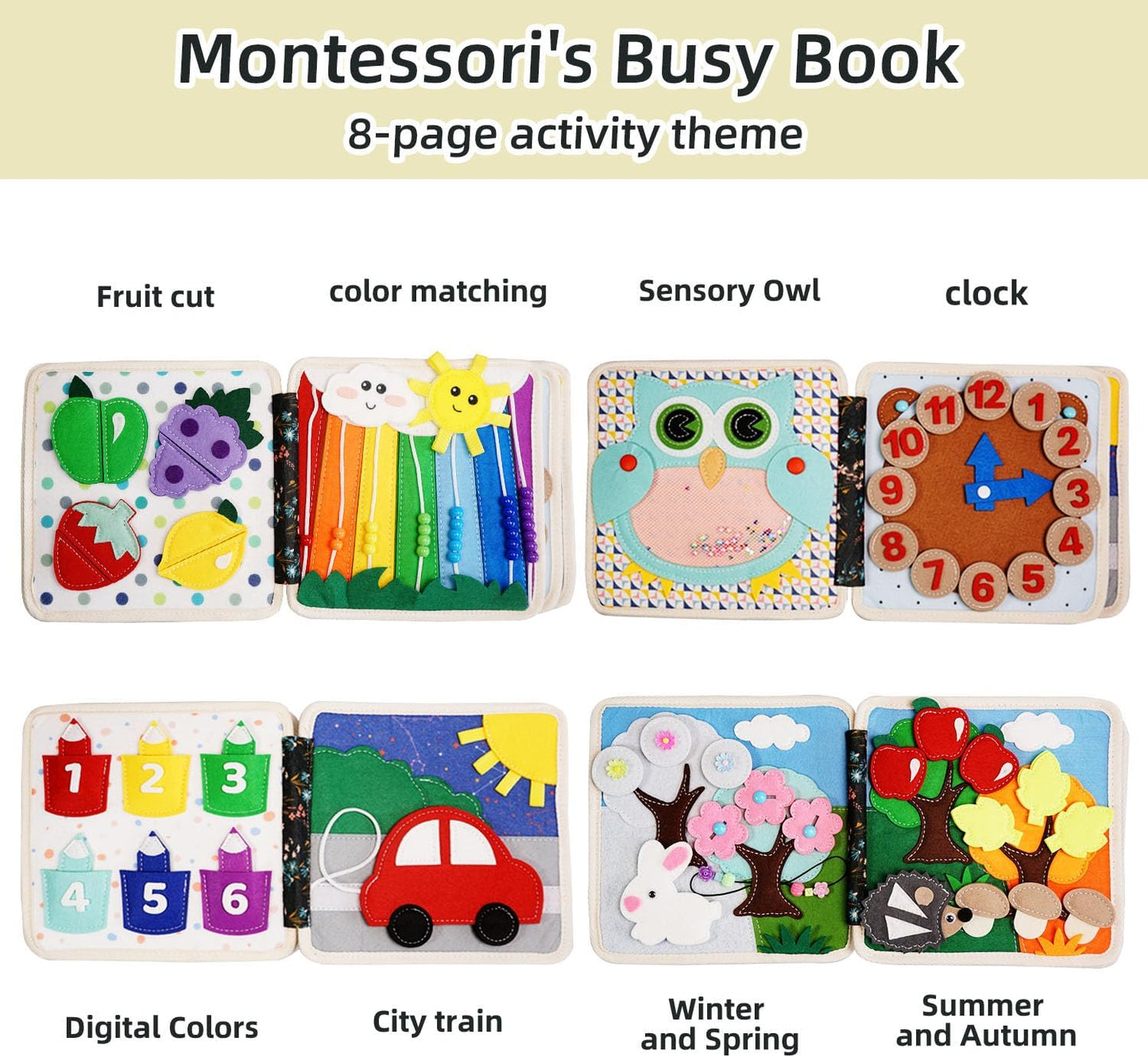 Montessori Busy Book, Suitable for Toddlers Aged 1-3, Felt Sensory Activity Book, Children's Travel Toy, Quiet Book Busy Board, Birthday Gift for Boys and Girls