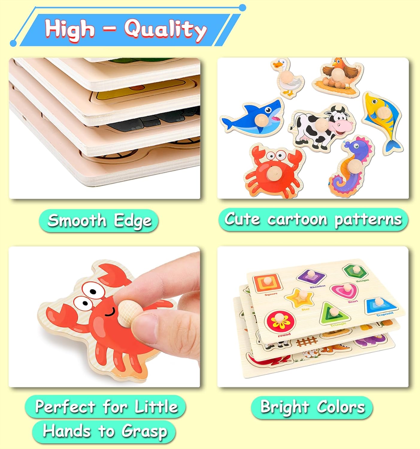 Wooden Peg Puzzles for Toddlers,Montessori Toddler Jigsaw for Child,Fine Motor Skill Learning Puzzle Toys for Baby Boys Girls Gifts-6 Pcs Shape,Farm,Sea Animal,Dinosaurs,Fruits,Animal