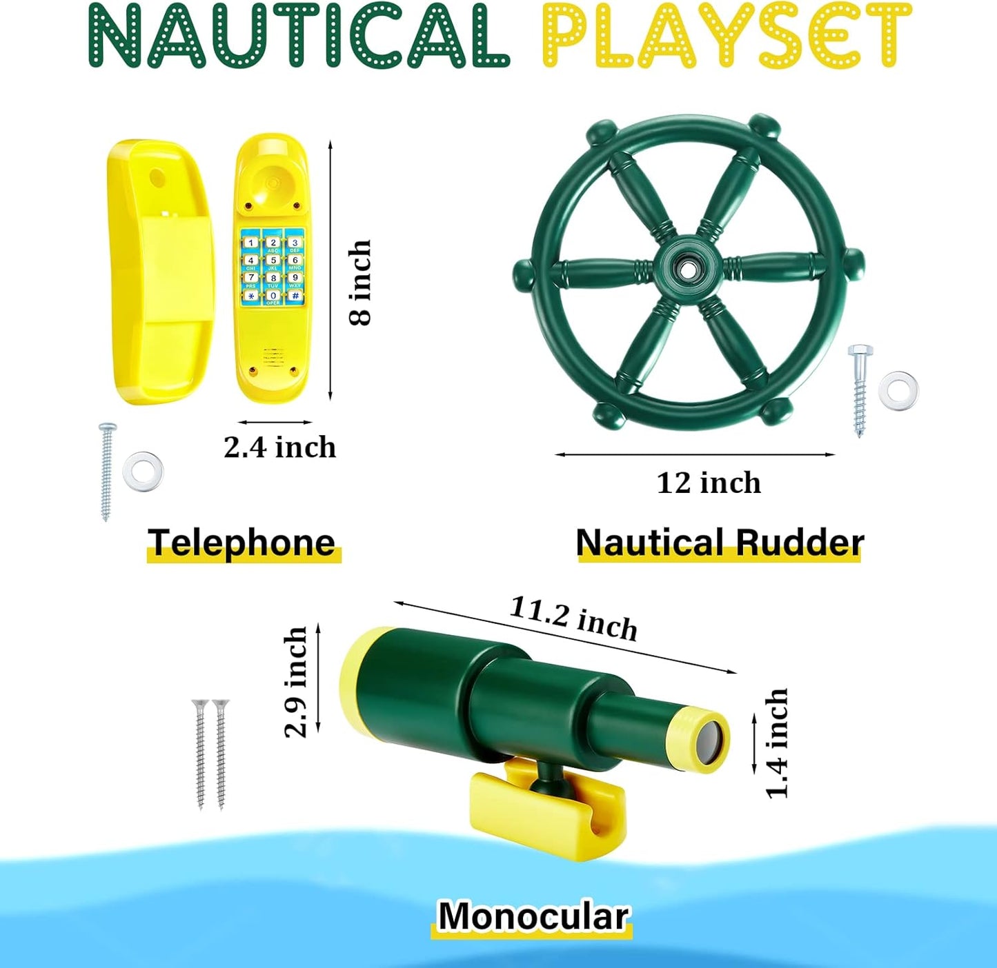 3 Pcs Playground Accessories for Kids Outdoor Swing Set Accessories Playground Equipment Pirate Plastic Ship Wheel Toy Telescope Telephone Backyard Outdoor Playhouse Climbing Equipment(Yellow, Green)
