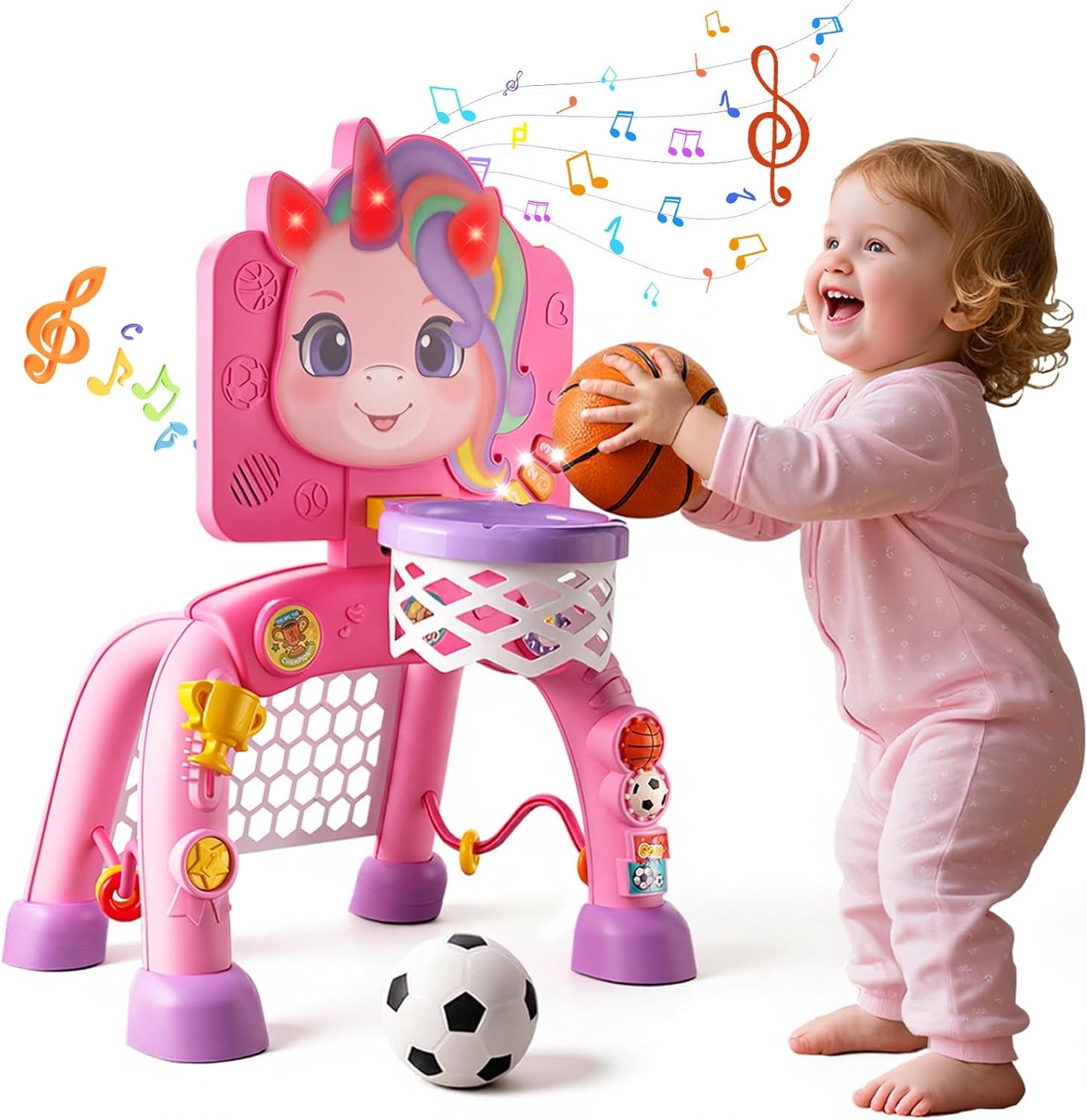 JMMICO Toddler Basketball Hoop & Soccer Goal Activity Center, Interactive Toys with Light Music,Unicorn Toddlers Musical Toys Gift, Baby Birthday Easter Gifts Gift for 1 2 3 Year Old Boys Girls