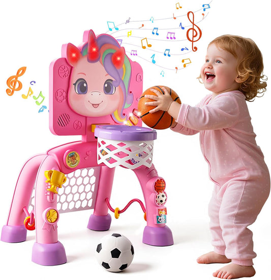 JMMICO Toddler Basketball Hoop & Soccer Goal Activity Center, Interactive Toys with Light Music,Unicorn Toddlers Musical Toys Gift, Baby Birthday Easter Gifts Gift for 1 2 3 Year Old Boys Girls