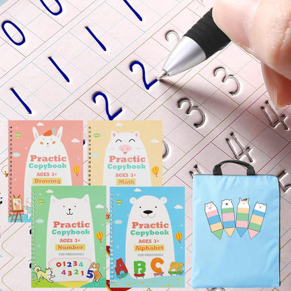 Upgraded Large Size Magic Practice Copybook for Kids, Reusable Writing Practice Book, Preschool Copybook (4 Books with Pens) - Pink Bag