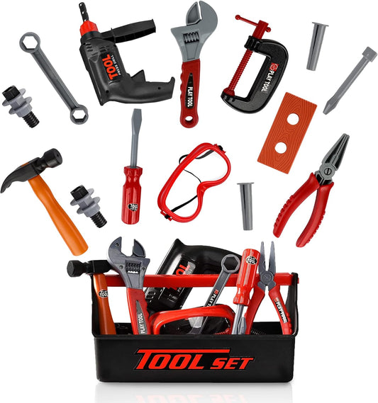Playkidz Tool Box for Kids 22-Piece Boys & Girls Construction Toy Playset w/ Carry Chest, Working Push Button Power Drill, Hammer, Screwdriver, Wrench, Pliers, Saw & Other Realistic Tools Ages 3+