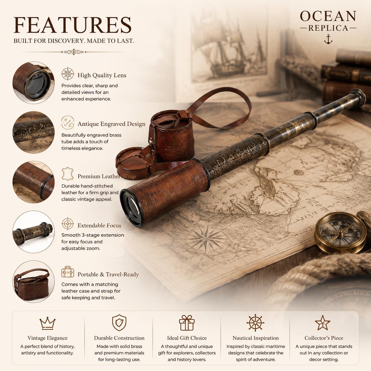 32-Inch Ship Captain Brass Telescope – Handmade Vintage Spyglass with Leather Case – Nautical Maritime Scope for Adults & Kids, Pirate Spy Glass Gift