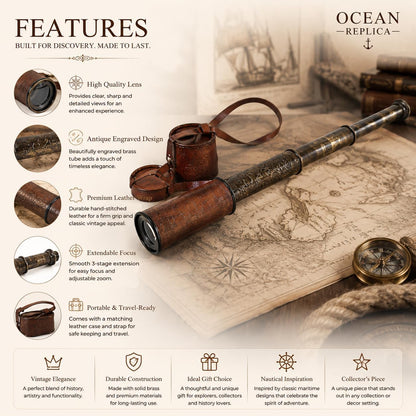 32-Inch Ship Captain Brass Telescope – Handmade Vintage Spyglass with Leather Case – Nautical Maritime Scope for Adults & Kids, Pirate Spy Glass Gift