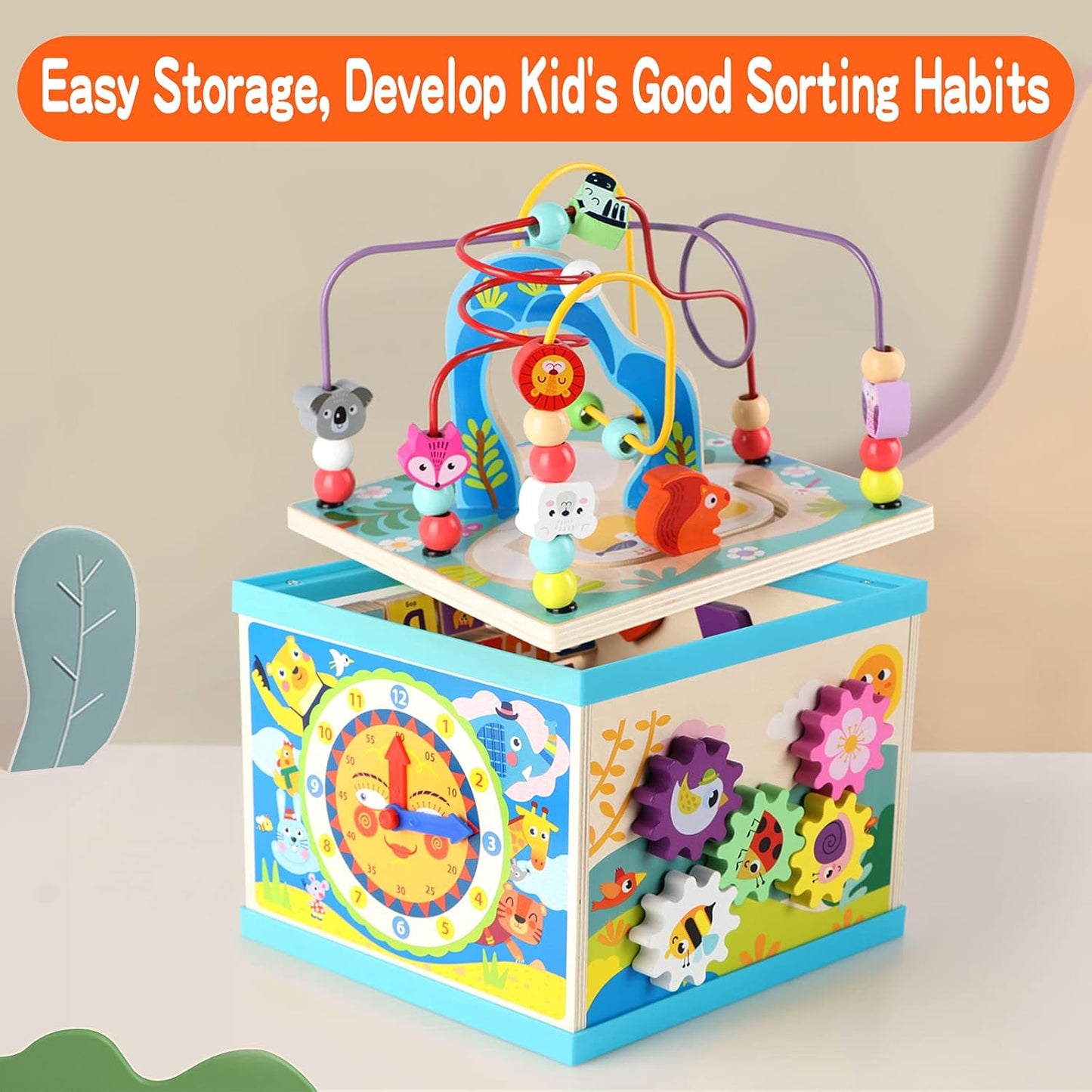 Qilay Wooden Activity Cube for Toddlers (Large), 5 in 1 Multipurpose ABC-123 Abacus Bead Maze Shape Sorter | Early Educational Toy for Toddlers - First Birthday Present for Boys Girls