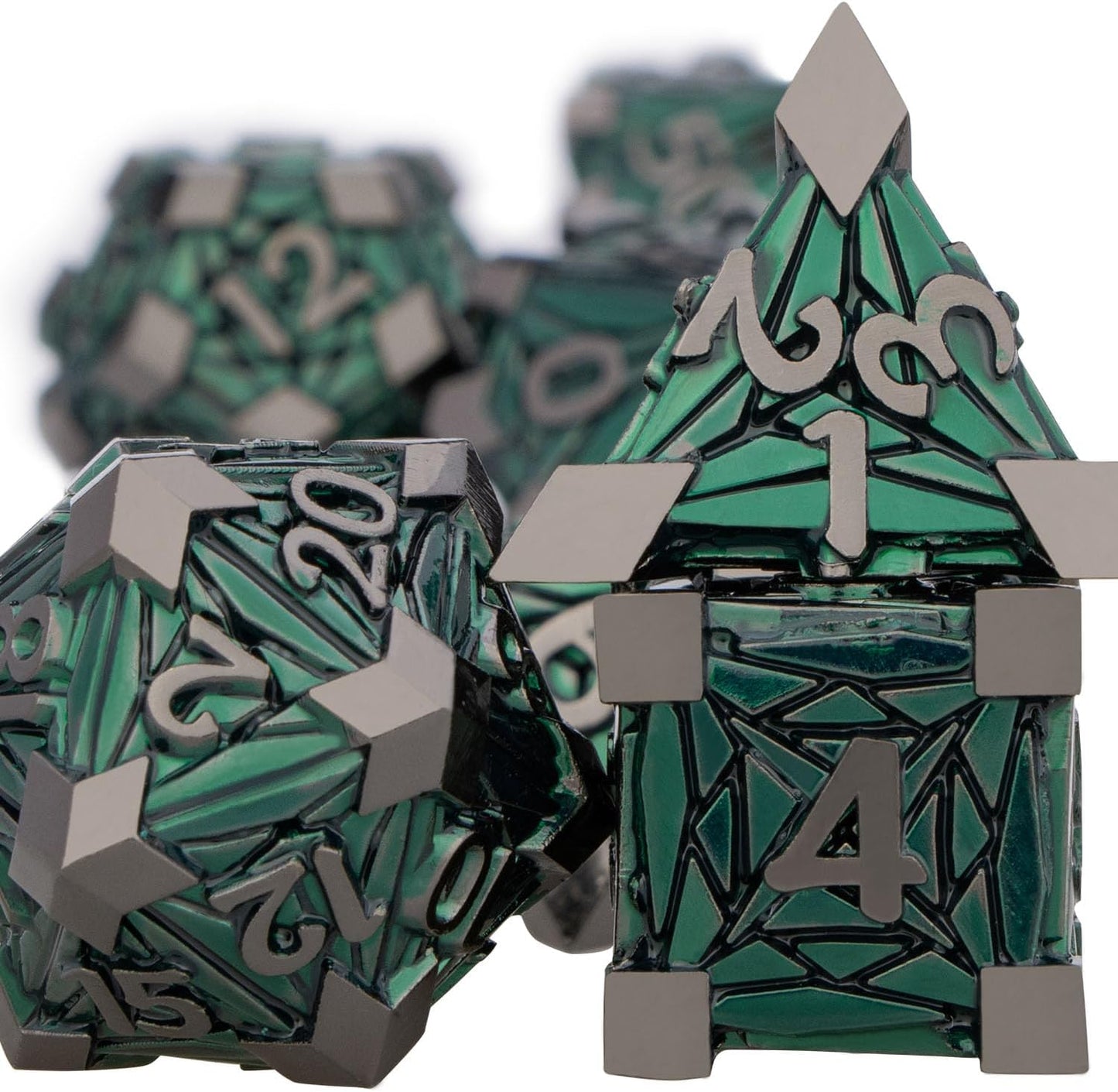 7PCS Metal DND Dice Set with Box, Debris RPG Blue White D and D Dice for D&D Tabletop Games Role Playing Game Polyhedral Dice Set D20 D12 D10 D8 D6 D4