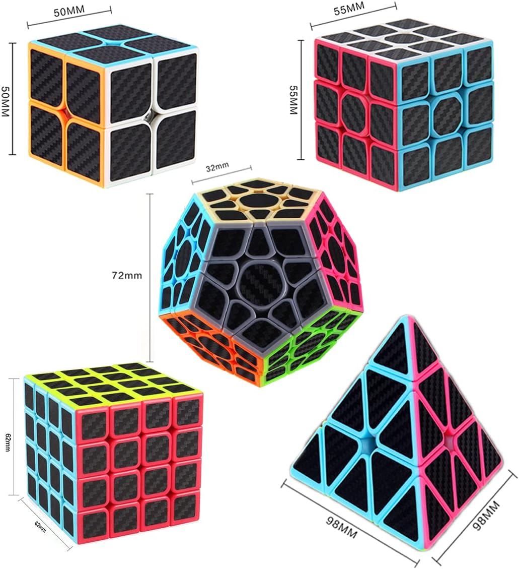 Roxenda Speed Cube Set, [5 Pack] Magic Cube Bundle of 2x2 3x3 4x4 Megaminx Cube and Pyramid Cube Smoothly Carbon Fiber Sticker Speed Cubes Collection for Kids Teens & Adults