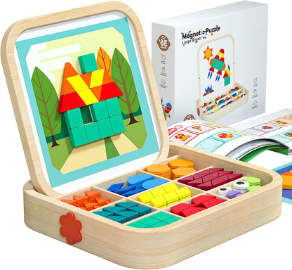 248 Pcs Wooden Magnetic Pattern Block Set with Cards, Pen & Storage Bag, Montessori STEM Tangram Puzzle Toys for Toddlers 4 5 6 7 8, Educational Brain Teaser Gift for Boys Girls