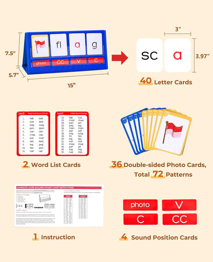 Gamenote Word Building Desktop Pocket Chart Tent Flash Cards Kit - CVC Words Phonics Games Blending Board for Kindergarten Reading and Spelling