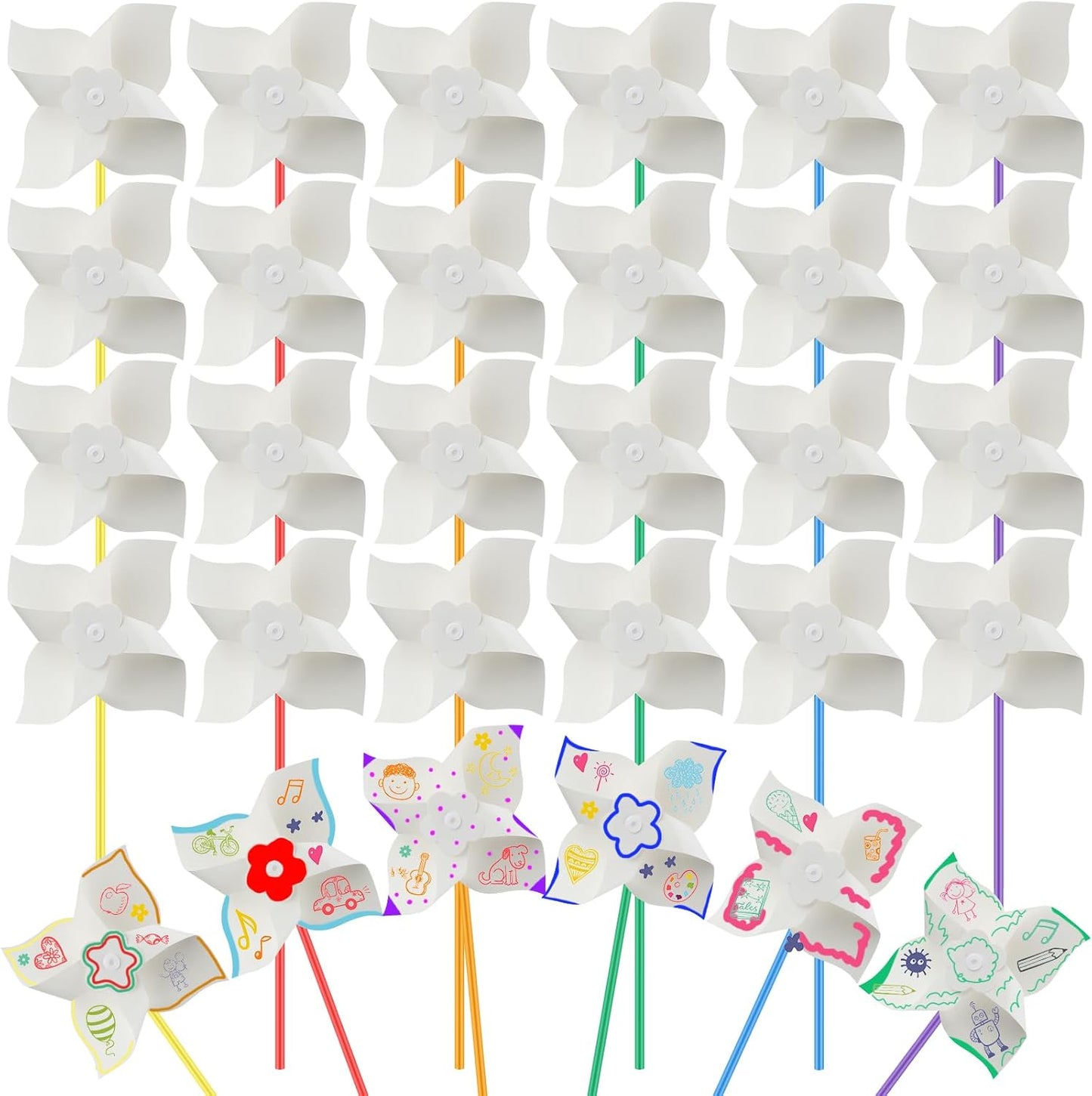 Poen 48 Pcs DIY Pinwheels Paper Craft Bulk Color Your Own White Pinwheels Summer Activity Arts End of Year Craft Mothers Day Blank Windmills Party Favor Supplies, 5 Inches