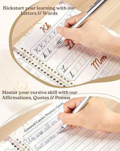 UNCLE EJ® Grooved Cursive Handwriting Workbook Kit - Reusable Cursive Workbook for Kids 8-12 and Adults, Magic Grooved Handwriting Practice, Letters Words Poetry & Affirmations, Cursive Charm, 9.8"x7"