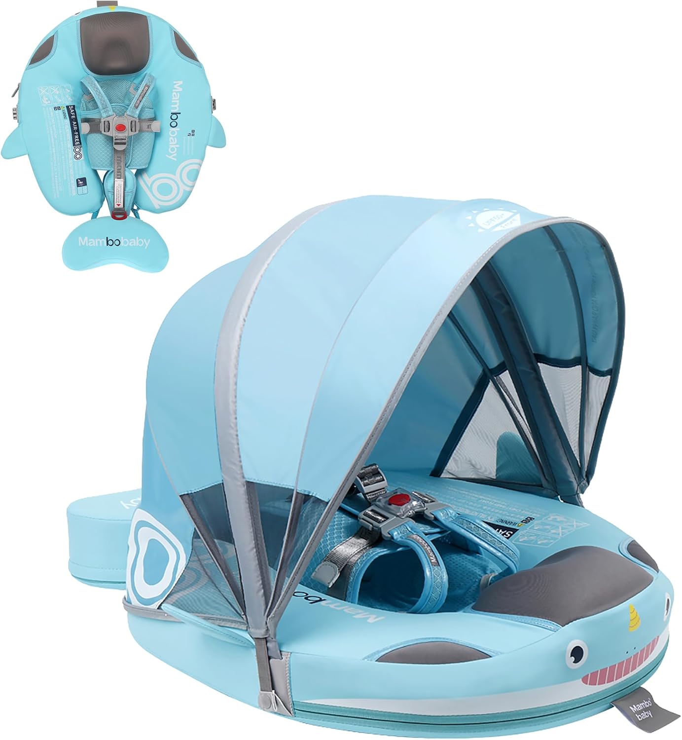 Baby Pool Float with UPF50+ 3D Adjustable Canopy, Add Tail Mambobaby Float Non Inflatable Infant Floats for Pool, Cartoon Narwhal Baby Floats (NPink with Canopy-U05NPCTLUROHML01U05)