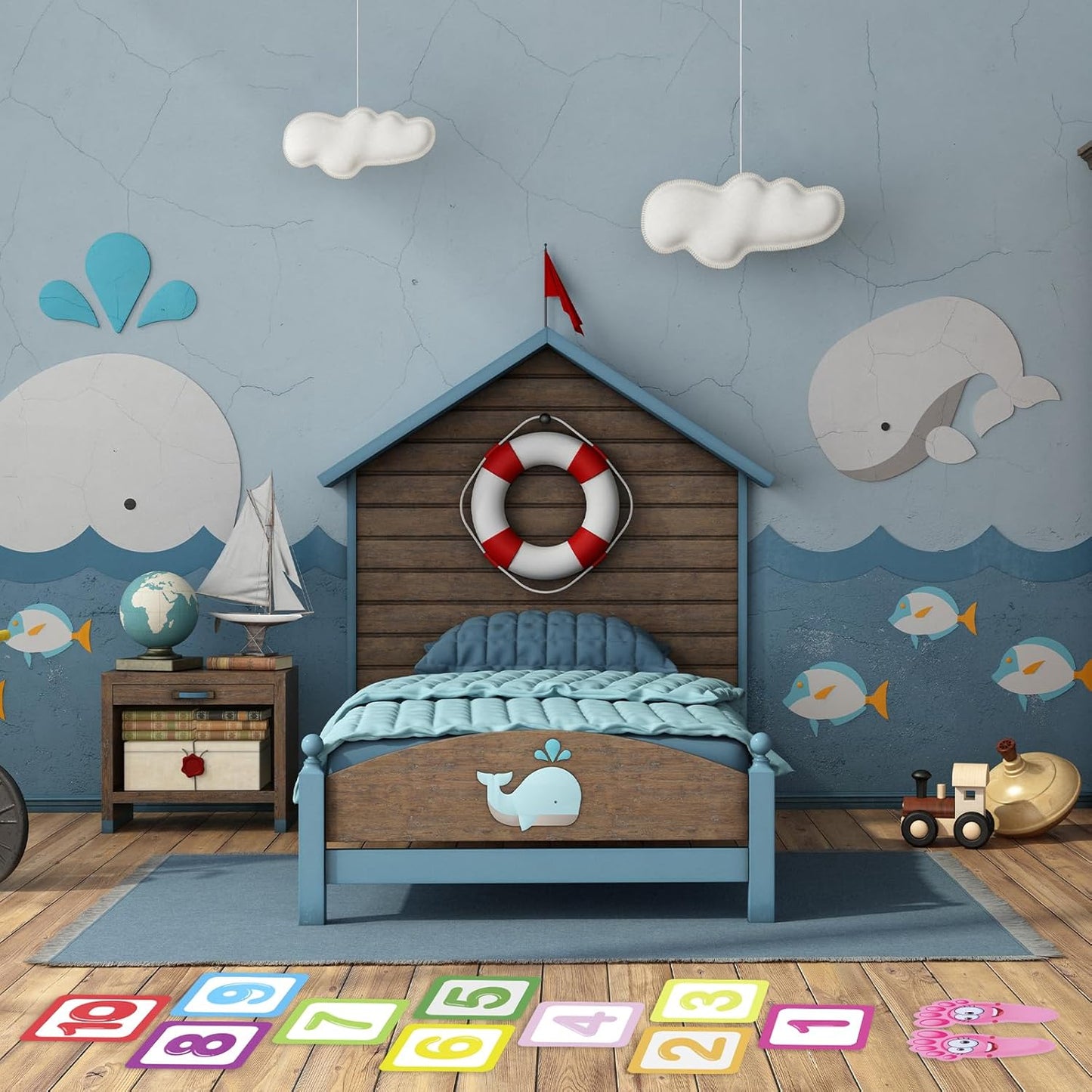10Pcs Hopscotch Game Floor Stickers, Number Lattice Floor Sticker with 1 Pair Footprint Stickers, Funny Puzzle Games Wall Decals for Bedroom Living Room Ground Corridor
