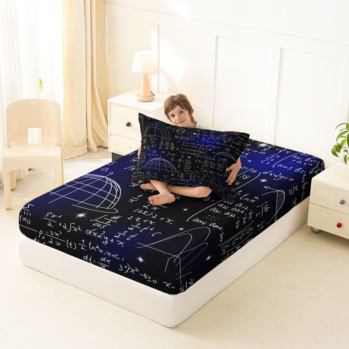Erosebridal Science Theme Bed Sheets Set Full Size for Boys Girls Chemistry Periodic Table Print Sheet Set Chemical Subject Theme Sheets Teens Kids Math Science Atyle Fitted Sheet 4 Pcs