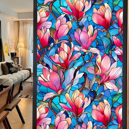 JOONOR Privacy Window Film Stained Glass Window Sticker Non-Adhesive Frosted Glass Film Decorative Magnolia Flower Pattern Static Cling Decals for Home UV Blocking/Heat Insulation 17.7 x 39.4 Inch