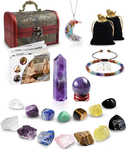 Crystals and Healing Stones, 9 Pcs Healing Crystals Set, 7 Chakra Crystal Stones Set Real Natural Selenite Pyramid Reiki Raw Rock Energy Protection Meditation with Wooden Box, Crystal Gifts for Women