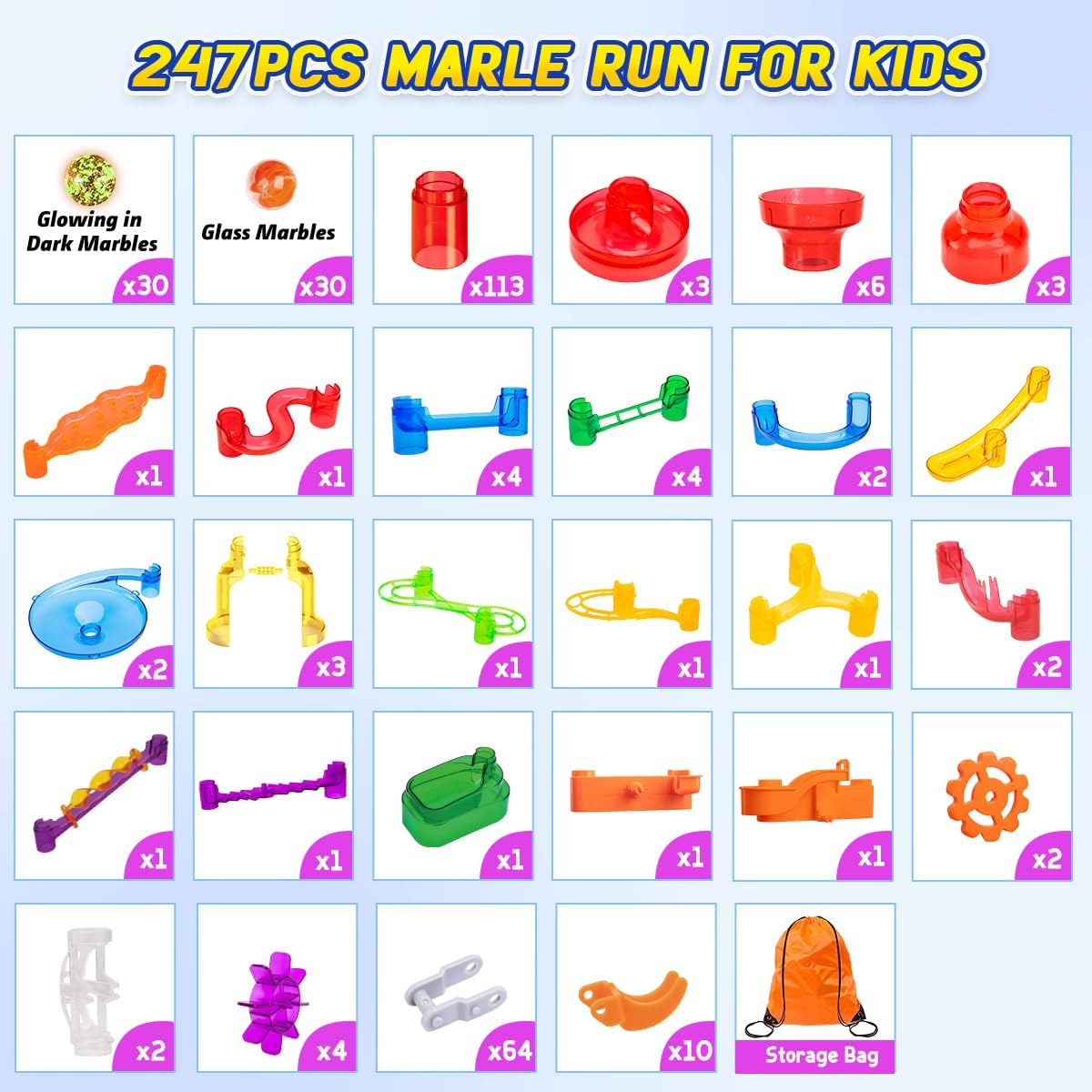 Meland Marble Run - 132Pcs Marble Maze Game Building Toy for Kid, Marble Track Race Set & STEM Learning Toys for Boy Girl Age 3 4 5 6 7 8 9+ (102 Translucent Marbulous Pcs & 30 Glass Marbles)
