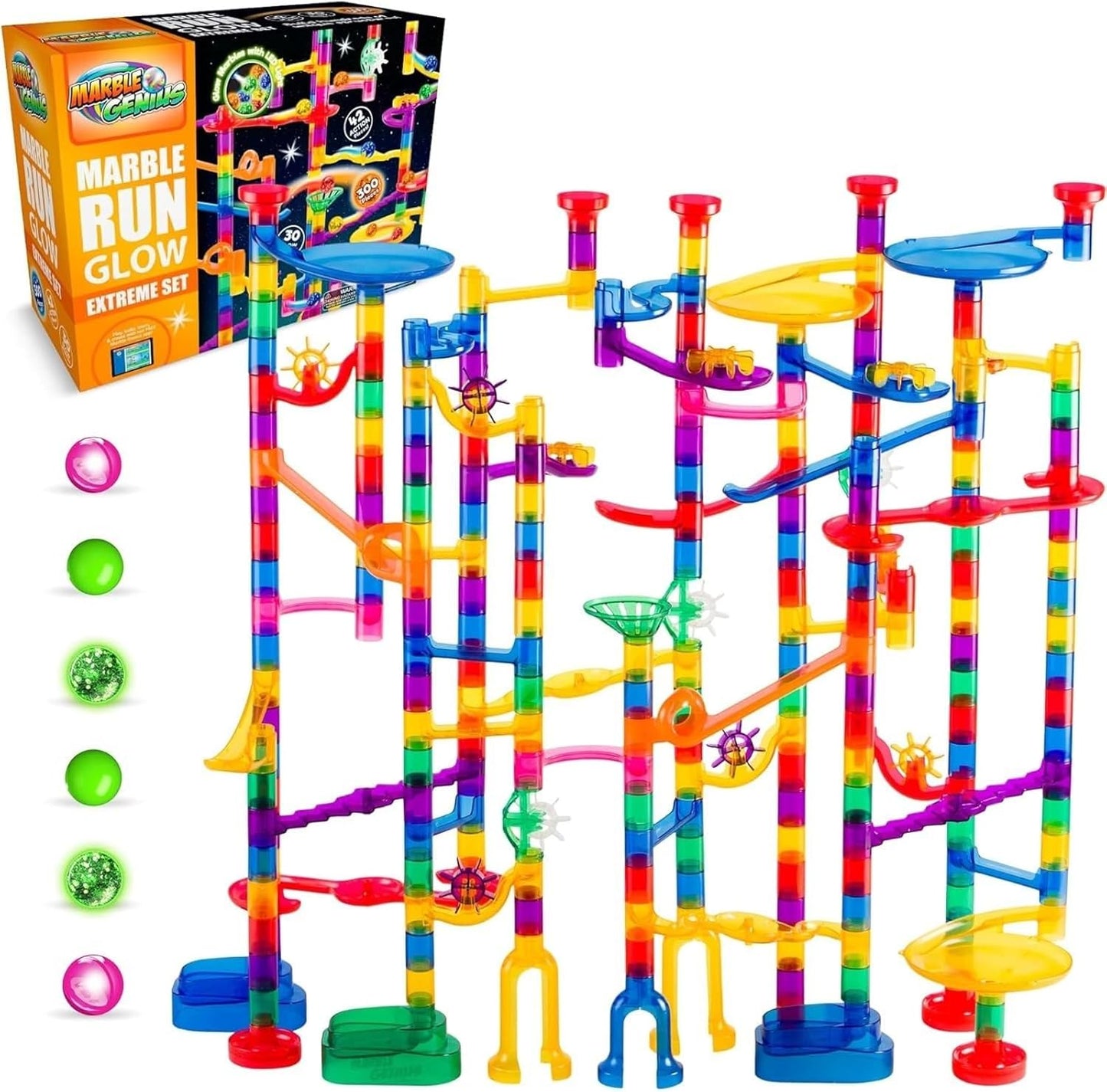 Marble Genius Marble Run Race Track - 300-Piece Multicolor Glow Extreme Set - STEM Building Toy & Marble Race Set for Kids Ages 4+