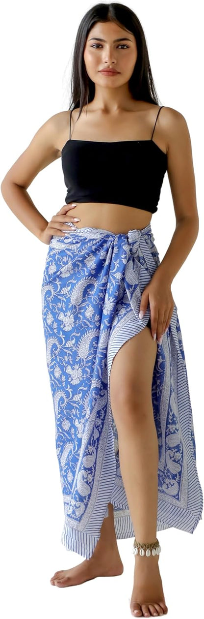 100% Cotton Sarong Cover Up for Women Indian Block Print Beach Wrap Skirt Long Boho Swimsuit Bikini Pareo (73” x 43”)