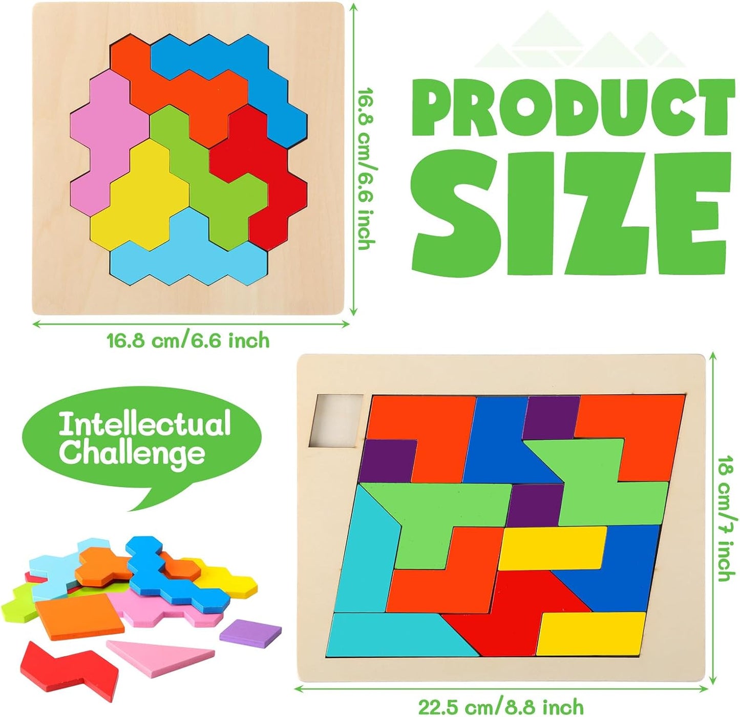 Yunsailing 3 Pack Large Hexagon Tangram Puzzle Wooden Brain Puzzles for Adult Challenge Wood Russian Blocks Brain Teasers Geometric Jigsaw Block Logic Iq Stem Family Graduation Gifts(Vintage)