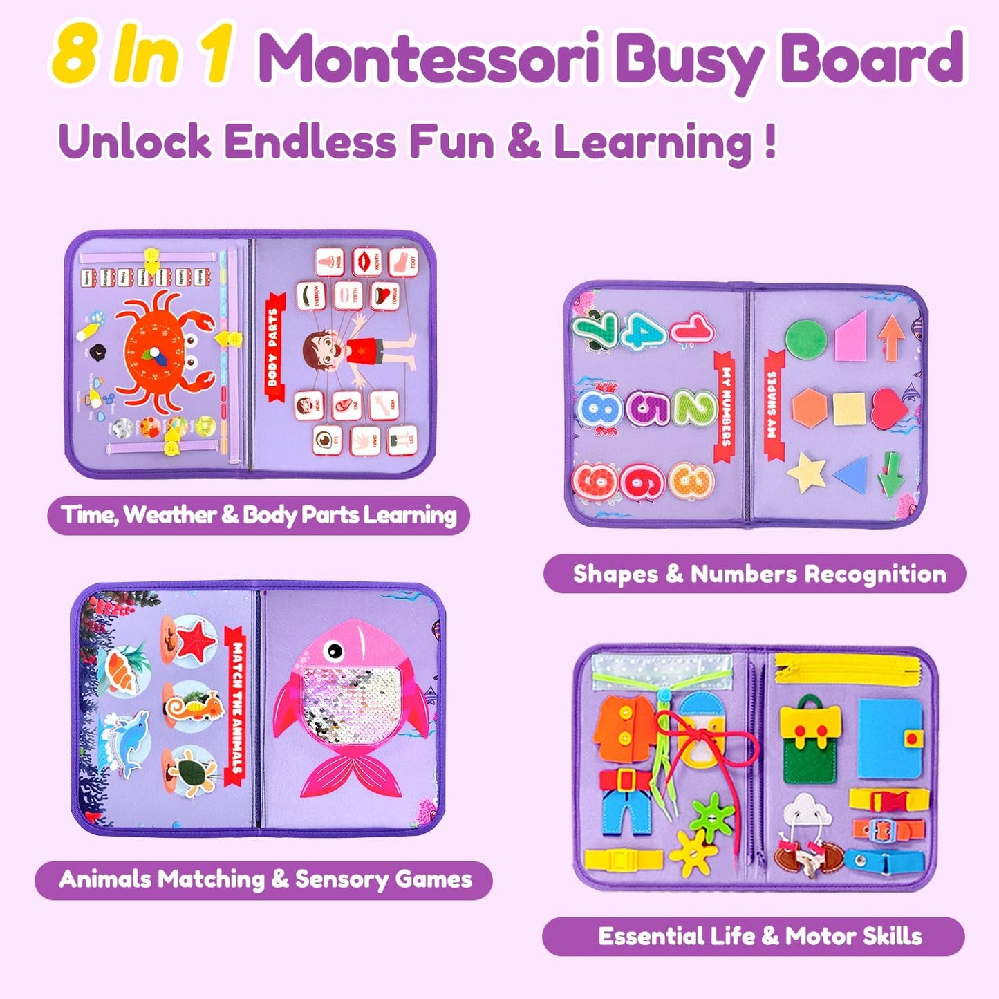 Qizfun Toddler Busy Board Montessori Toys – Sensory Busy Book, Educational Learning Travel Toy for Airplane & Car, Keeps Toddlers Entertained, Birthday Gifts for Toddler Boys Girls (Blue/P8)