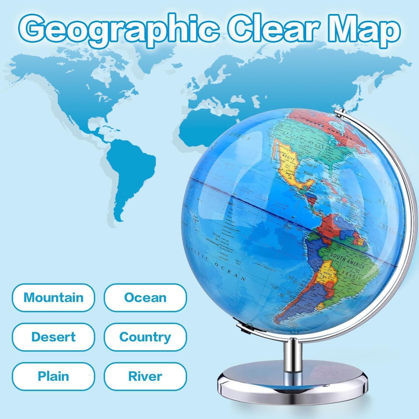 TTKTK World Globe with Stainless steel Stand Rotating Earth Spinning Globe for Kids Geography Classroom Education or Decorations (8 Inch Blue)