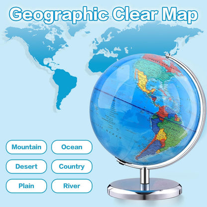 TTKTK World Globe with Stainless steel Stand Rotating Earth Spinning Globe for Kids Geography Classroom Education or Decorations (8 Inch Blue)