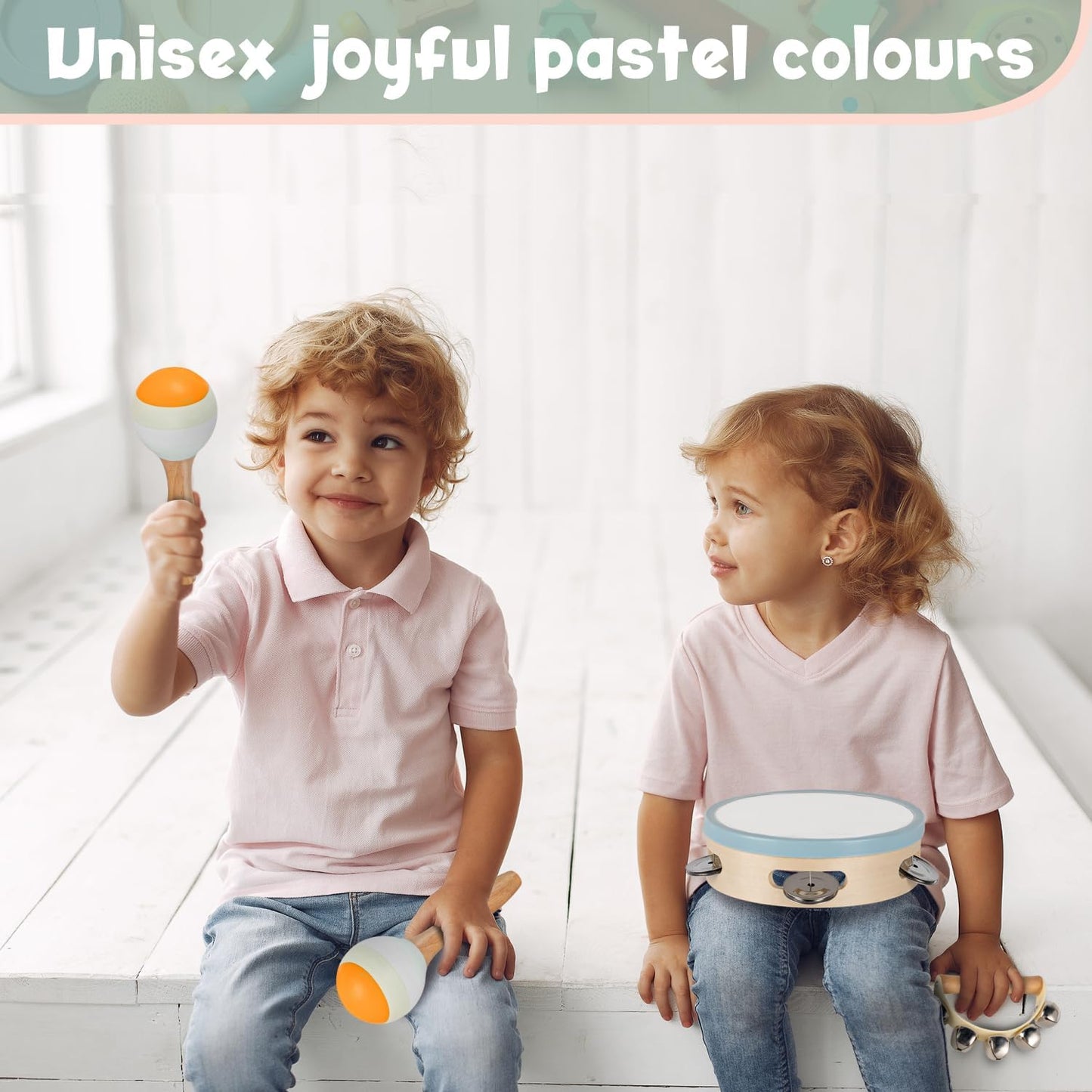 Stoie's Wooden Toddler Musical Instruments with Drum, Hand Bells, Flute, Maracas, Castanet, Tamburine, for Babies and Kids, Eco Friendly Montessori Educational Toy